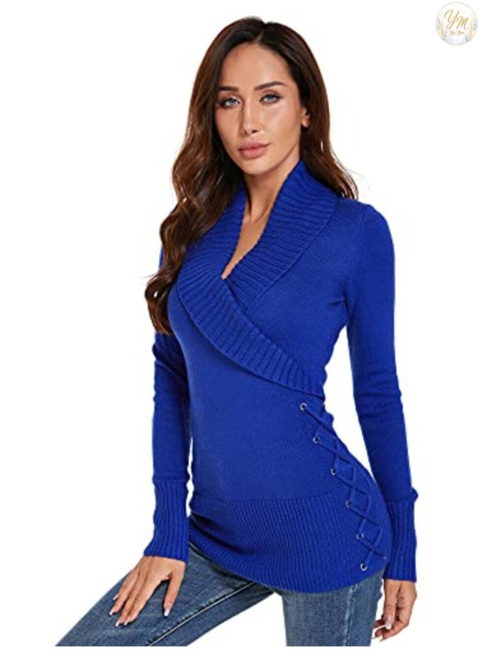 Junior Fit Shawl Collar Faux Wrap Lace Up Long Sleeve Sweater